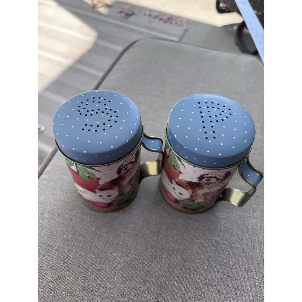 VTG JSNY Tin Cats Dogs Handled Salt Pepper Shakers 4